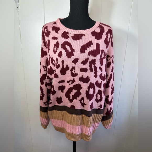 Promesa  Pink and Tan Leopard Print and Striped Women’s Sweater Size S/M - Picture 3 of 15